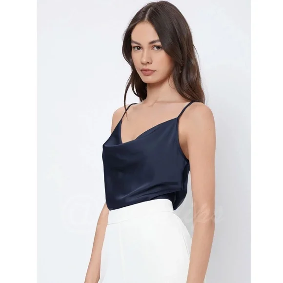 Navy Blue Glamorous Cowl Neck Spaghetti Straps Camisole Top Cami, Draped - Picture 2 of 9